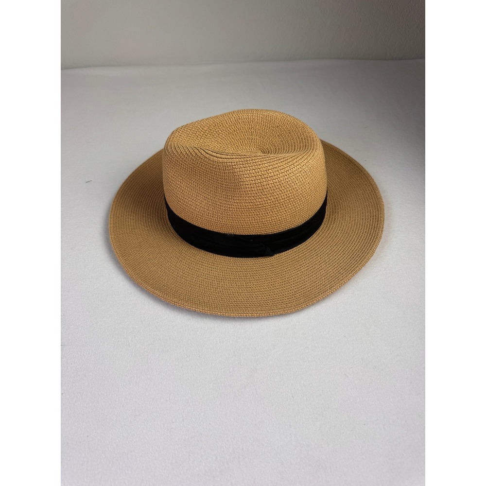 Womens Tan Straw Fedora Hat Wide Brim Summer Sun Hat with Black Ribbon Band